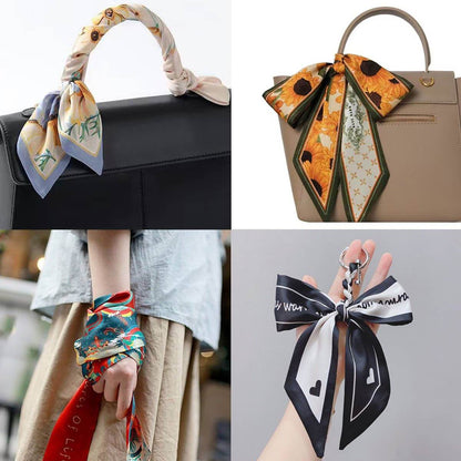 ACCITY Letter Floral Twilly Scarf styled as a hair ribbon and bag tie, featuring a colorful floral and letter pattern.