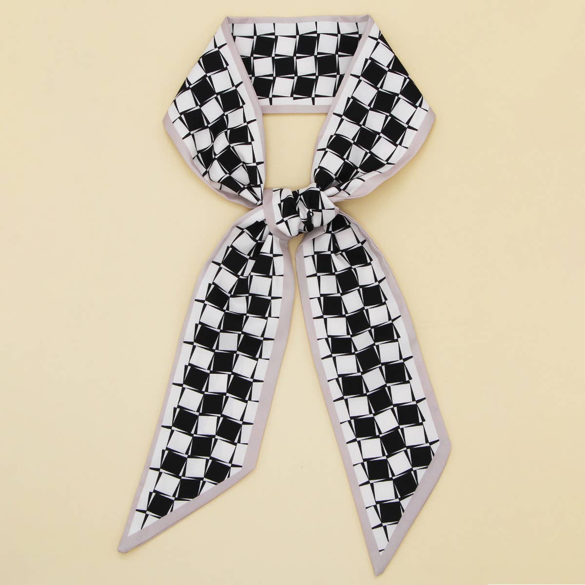 ACCITY Letter Floral Twilly Scarf used as hair ribbon and bag tie with colorful floral and letter pattern.