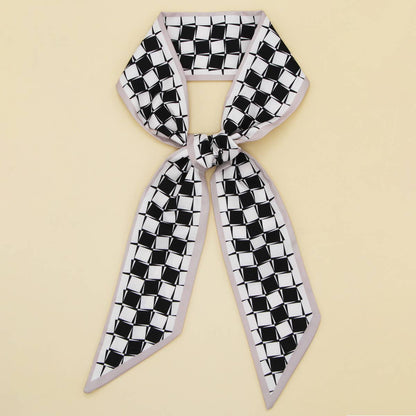 ACCITY Letter Floral Twilly Scarf used as hair ribbon and bag tie with colorful floral and letter pattern.