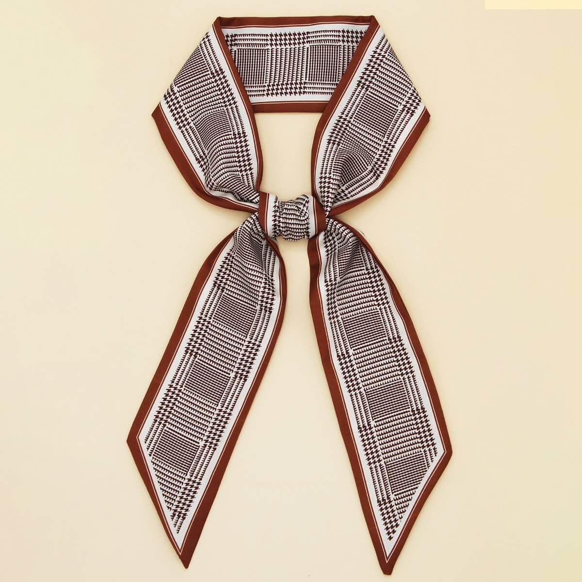 ACCITY Letter Floral Twilly Scarf styled as a hair ribbon and bag tie, featuring vibrant floral and letter patterns.