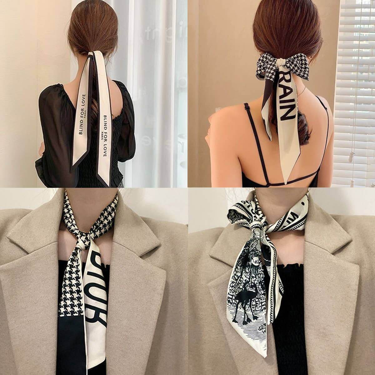 ACCITY Letter Floral Twilly Scarf used as hair ribbon and bag tie, featuring vibrant floral and letter patterns.