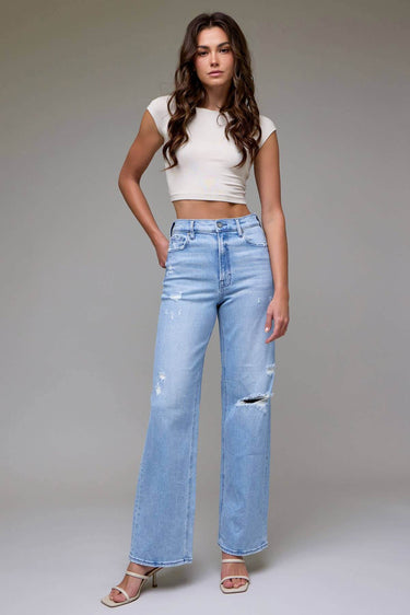Light Wash Distressed 33" Inseam Dad Jean - Cowgirl Charm