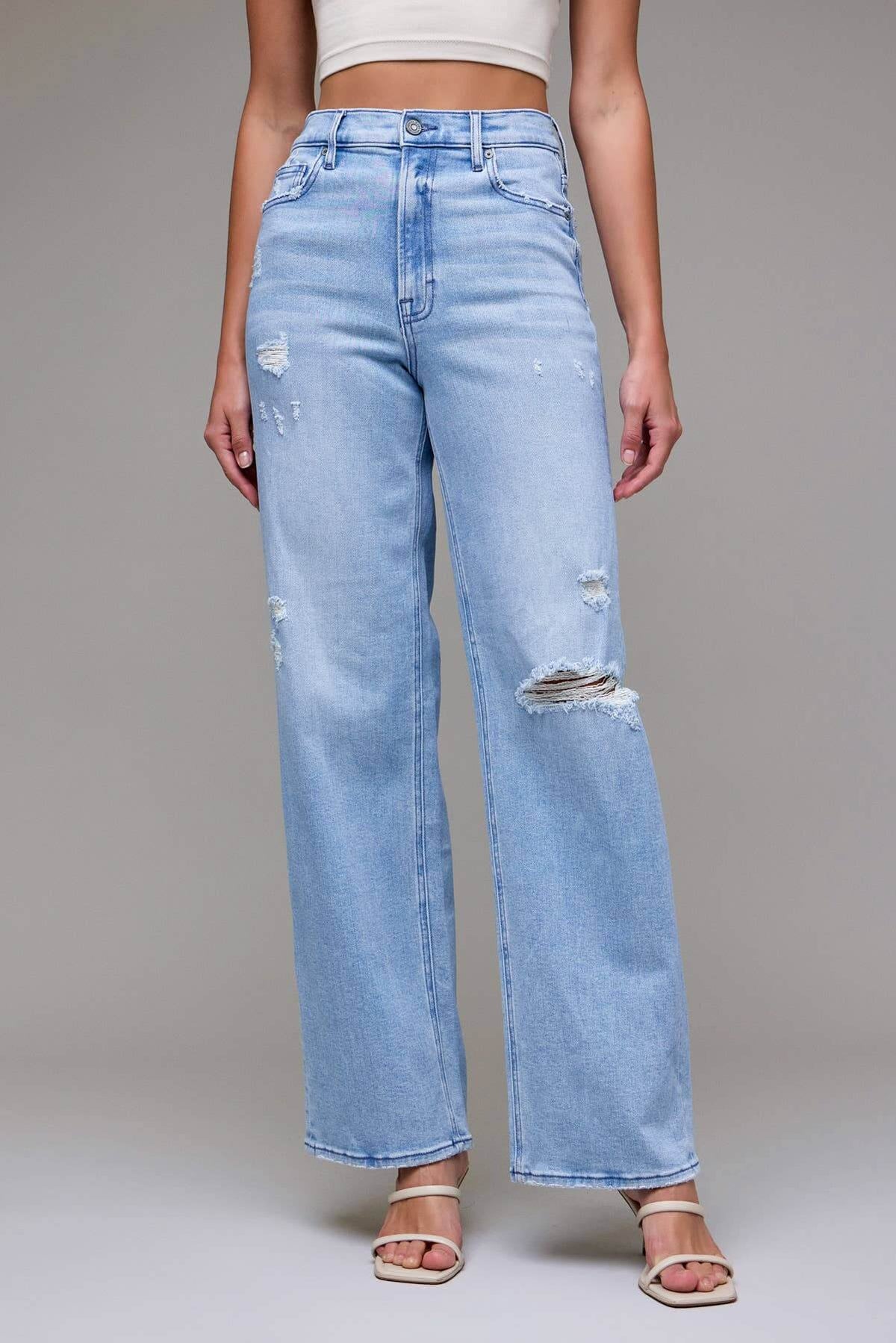 Light wash distressed dad jeans from Hidden Jeans with 33-inch inseam, casual fit, and distressed detailing.