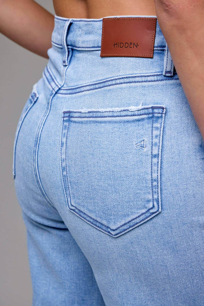 Light wash distressed dad jeans from Hidden Jeans with 33-inch inseam, featuring a relaxed fit and casual style.
