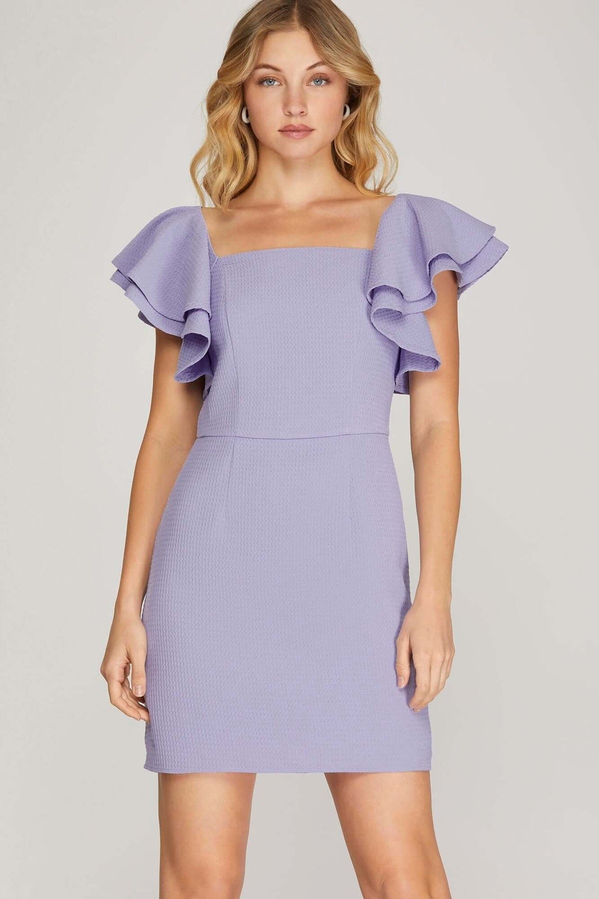 Lilac She and Sky double ruffle sleeve textured mini dress with square neckline and fit-and-flare silhouette.