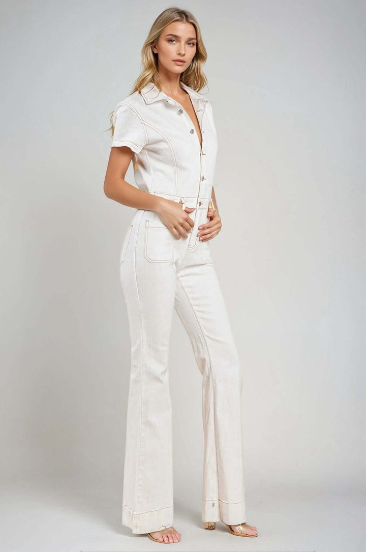 Long Bootcut White Denim Jumpsuit - Cowgirl Charm