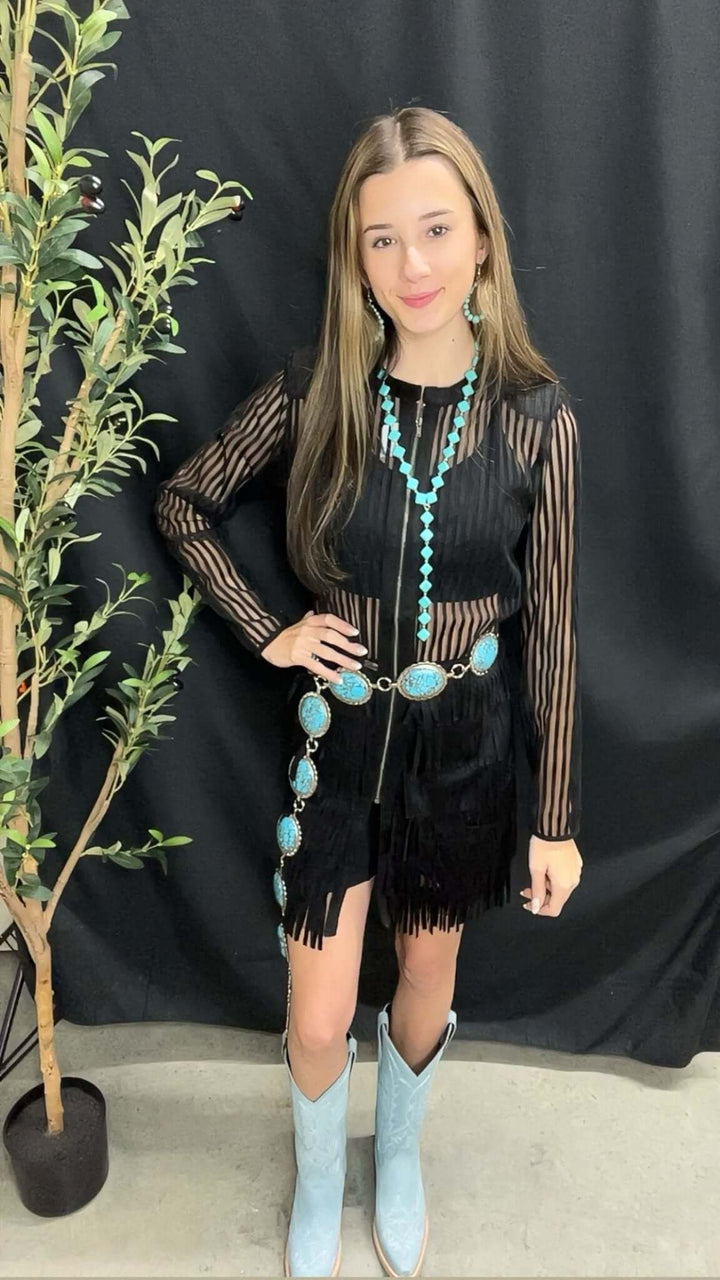 Lucky & Blessed Black Mesh Tiered Suede Fringe Zip Up Shirt Dress - Cowgirl Charm