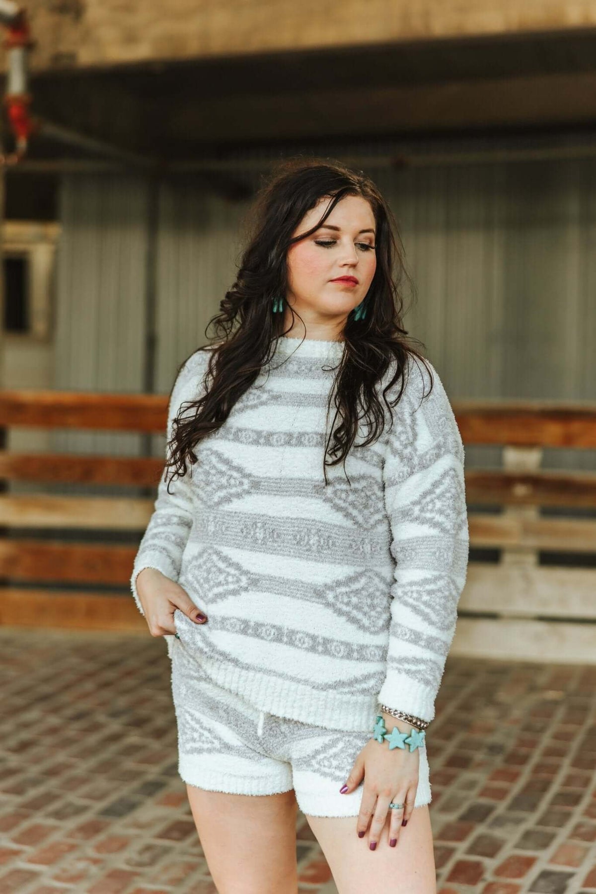 Lucky & Blessed grey ivory Aztec knit loungewear set, featuring cozy matching top and bottoms with intricate Aztec pattern.