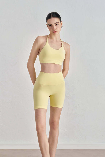 Luna 2-piece sports bra and shorts yoga and Pilates workout set by 91thelabel, made of comfortable stretch fabric in a sleek design.