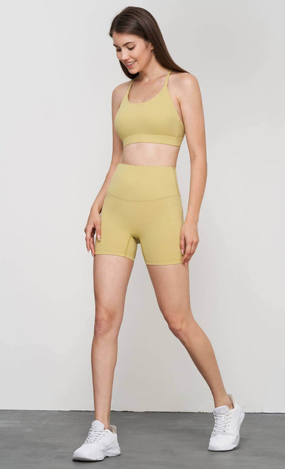 Luna 2-piece sports bra and shorts yoga workout set by 91thelabel, comfortable activewear for Pilates and yoga practice.