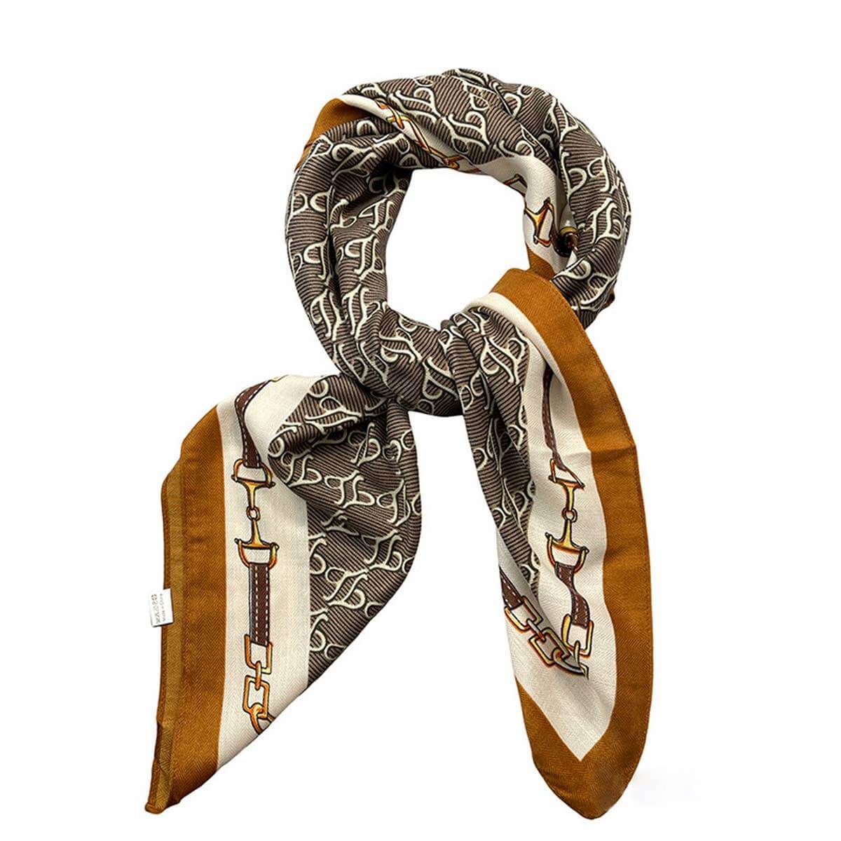 ACCITY luxury chain print velvet scarf wrapped around neck, showcasing elegant accessory with bold chain pattern and soft fabric texture.