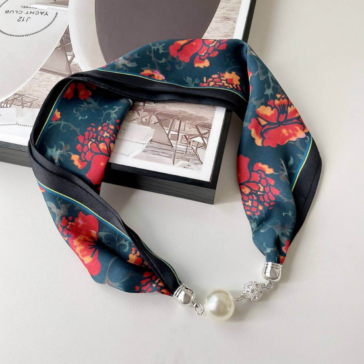 Elegant magnetic silk scarf necklace by ACCITY, showcasing a stylish wrap accessory with a smooth, luxurious fabric finish.