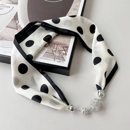 Elegant ACCITY magnetic silk scarf necklace wrapped around a neck, showcasing its stylish and versatile accessory design.