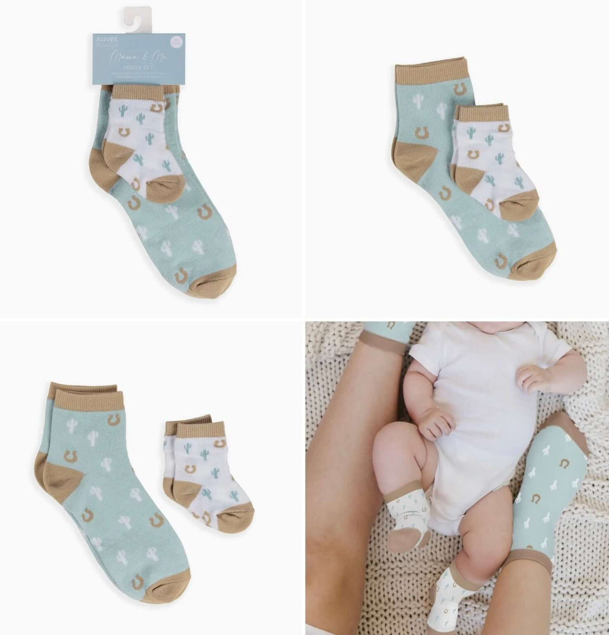JuJuBe Mama & Me Sock Set for kids and babies featuring cowboy-themed "Howdy Partner" design with colorful patterns.