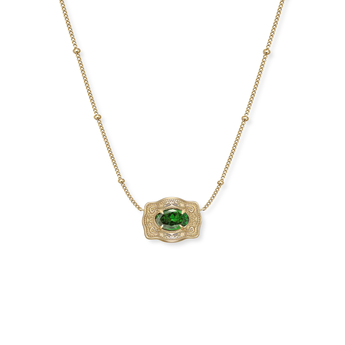 Sparkling birthstone necklace with ultra mini belt buckle design by Spurwest, featuring a delicate chain and vibrant gemstone.