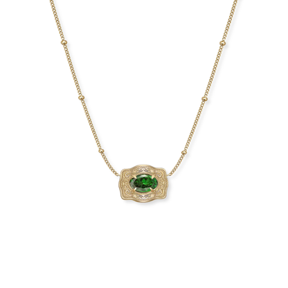 Sparkling birthstone necklace with ultra mini belt buckle design by Spurwest, featuring a delicate chain and vibrant gemstone.
