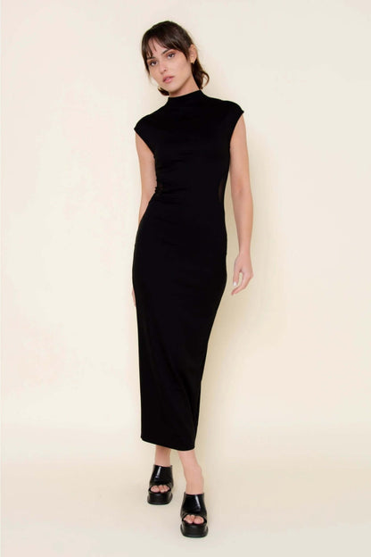 Fore Collection mesh side slit maxi dress showing a flowing fabric with a high slit and elegant design.