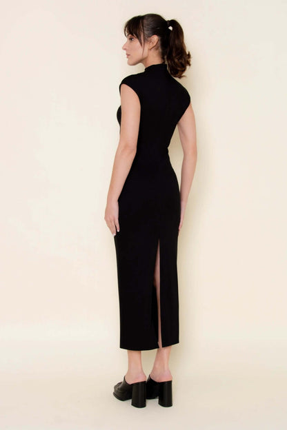 Fore Collection mesh side slit maxi dress featuring a flowing design and sheer mesh accents, perfect for elegant occasions.