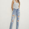 Mid - Waisted Distressed Boyfriend Straight Leg Jeans – Light Wash Ripped Denim for Women - Cowgirl Charm