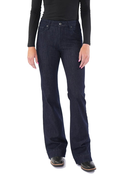 Haala Denim Bella flare trousers in midnight navy with contrasting stitch, styled with a relaxed fit and high waist.