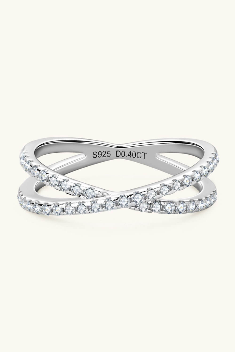 Moissanite crisscross ring with 925 sterling silver infinity band and 0.40 CT stones, designed as jewelry accessories.