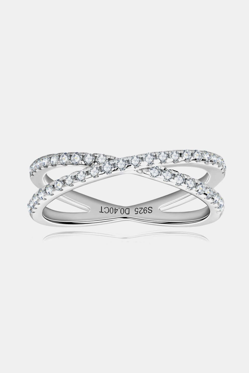 Sterling silver moissanite crisscross ring with infinity design and 0.40 CT sparkling stones, elegant jewelry accessory.