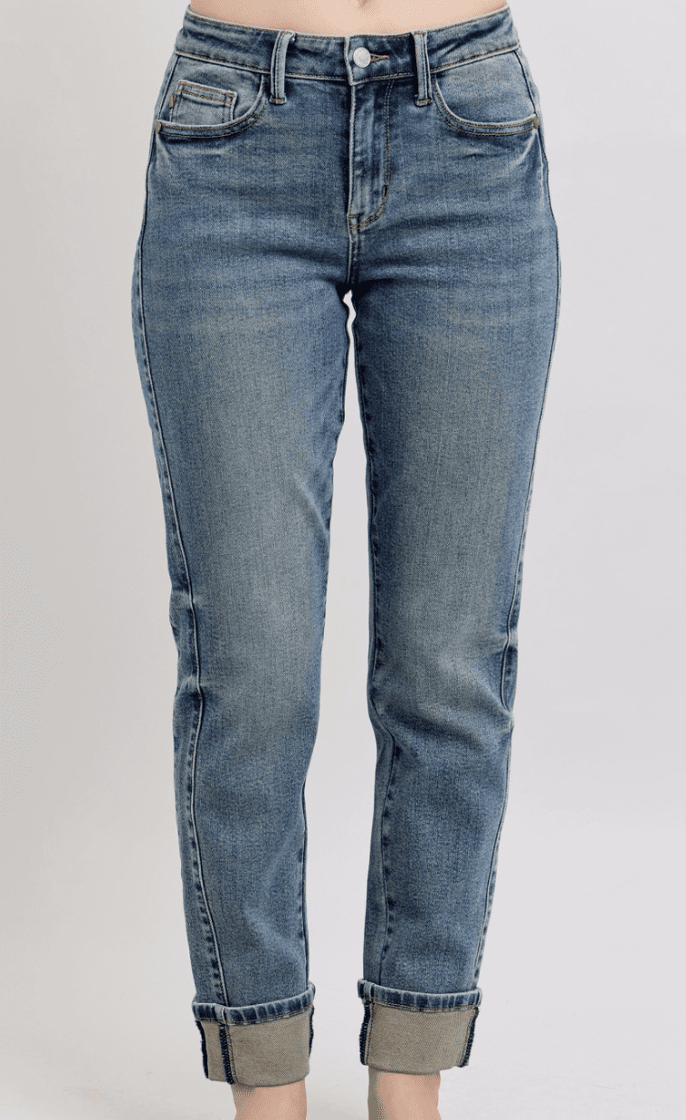 Mr. Vintage Wash Boyfriend Jeans by Judy Blue featuring side seam panels and double roll cuffs, casual denim bottoms.