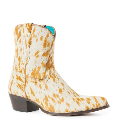Myra Cowdie Western leather booties by Cowgirl Charm featuring pointed toes and stacked heels, in a stylish western design.