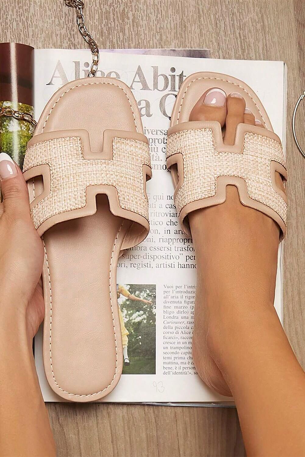 Natural woven slide sandals by Cowgirl Charm, casual summer flats with a comfortable slip-on design and stylish woven detailing.