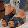 Navy Blue Crisscross Cork Wedge Sandals – Open Toe Platform Slip - Ons with Stud Detail - Cowgirl Charm