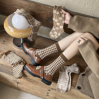 Pair of ACCITY women's autumn cotton mid-calf socks with cozy, soft fabric and striped pattern, perfect for fall wear.