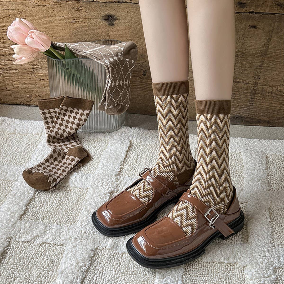 Pair of new autumn cotton women's mid-calf socks in cozy, soft fabric with a stylish design by ACCITY.