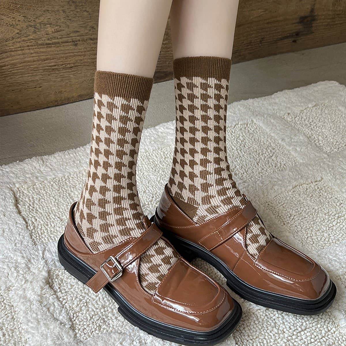 Pair of ACCITY women's mid-calf autumn cotton socks with a cozy, soft texture and stylish design for casual wear.