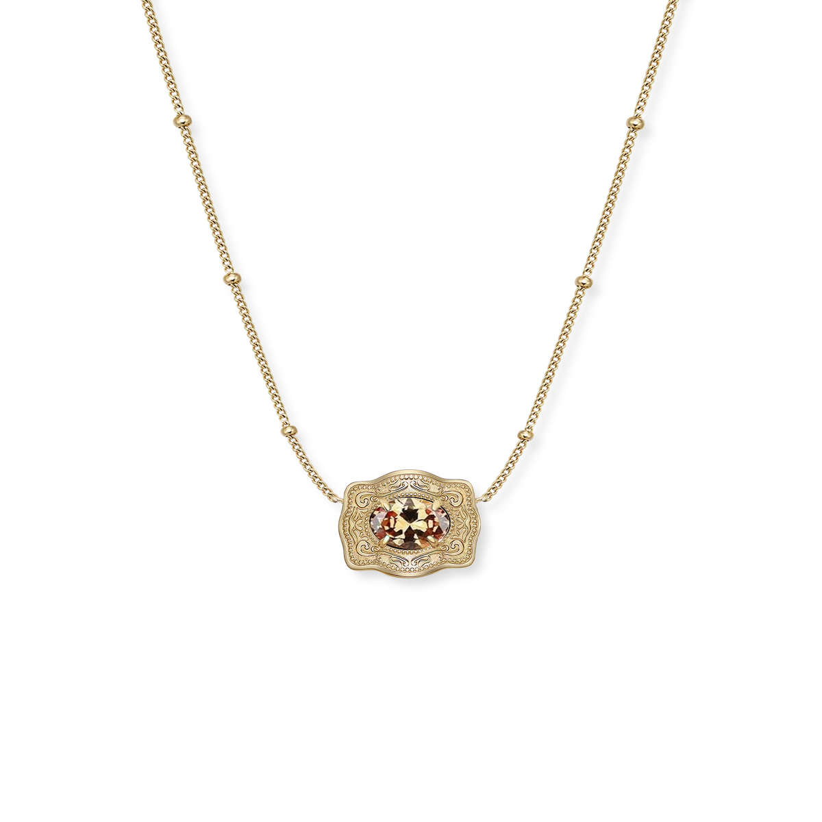 Spurwest Ultra Mini Belt Buckle Birthstone Necklace featuring a small decorative buckle and colorful birthstone pendant.