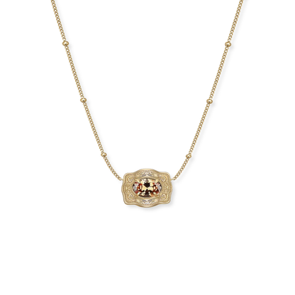 Spurwest Ultra Mini Belt Buckle Birthstone Necklace featuring a small decorative buckle and colorful birthstone pendant.