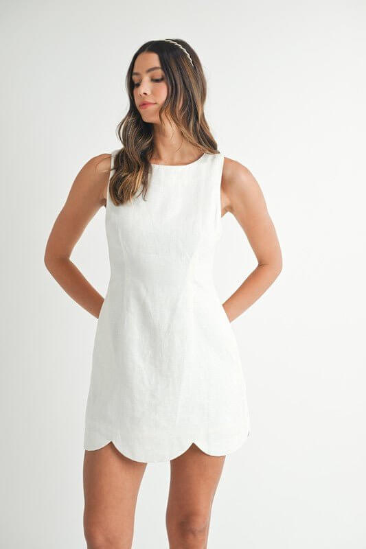 Oatmeal Linen Mini Dress with Scalloped Hem | Sleeveless Summer Dress for Women - Cowgirl Charm