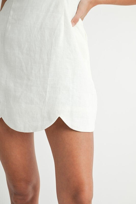 Oatmeal Linen Mini Dress with Scalloped Hem | Sleeveless Summer Dress for Women - Cowgirl Charm