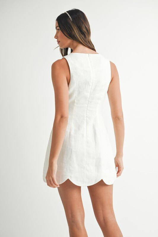 Oatmeal Linen Mini Dress with Scalloped Hem | Sleeveless Summer Dress for Women - Cowgirl Charm