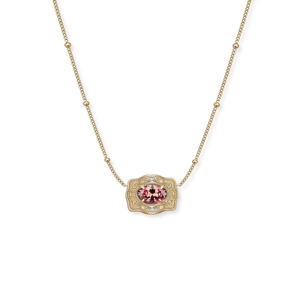 October birthstone necklace with ultra mini belt buckle pendant by Spurwest, featuring a vibrant gemstone and detailed jewelry design.