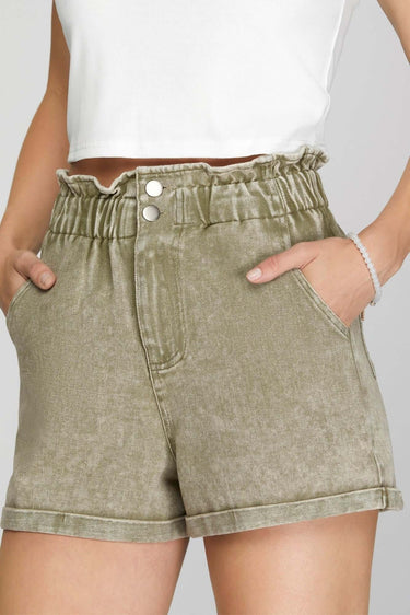 Olive Garment Washed Paperbag Twill Shorts with Pockets - Cowgirl Charm
