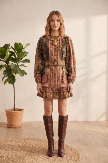 Sunday Up Olive Garden vintage floral belted mini dress featuring a charming floral pattern and a waist belt for a stylish look.