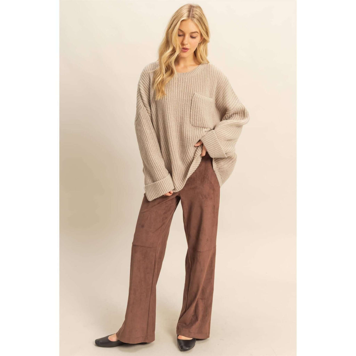 HYFVE oversized casual ribbed knit sweater featuring a relaxed fit and cozy texture, perfect for casual wear.