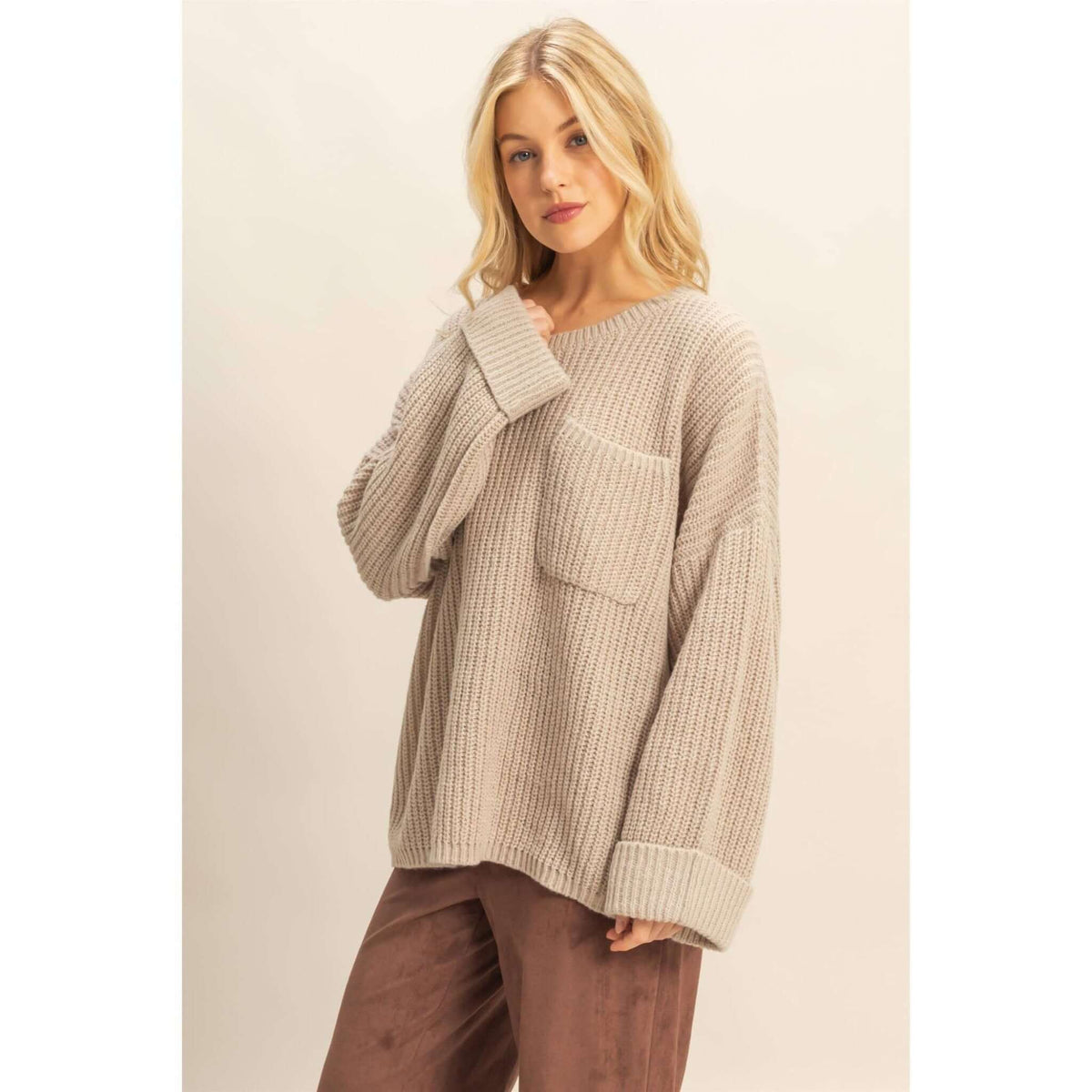 HYFVE oversized casual ribbed knit sweater shown, featuring a relaxed fit and cozy knit texture, perfect for casual wear.