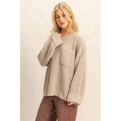 HYFVE oversized casual ribbed knit sweater shown, featuring a relaxed fit and cozy knit texture, perfect for casual wear.