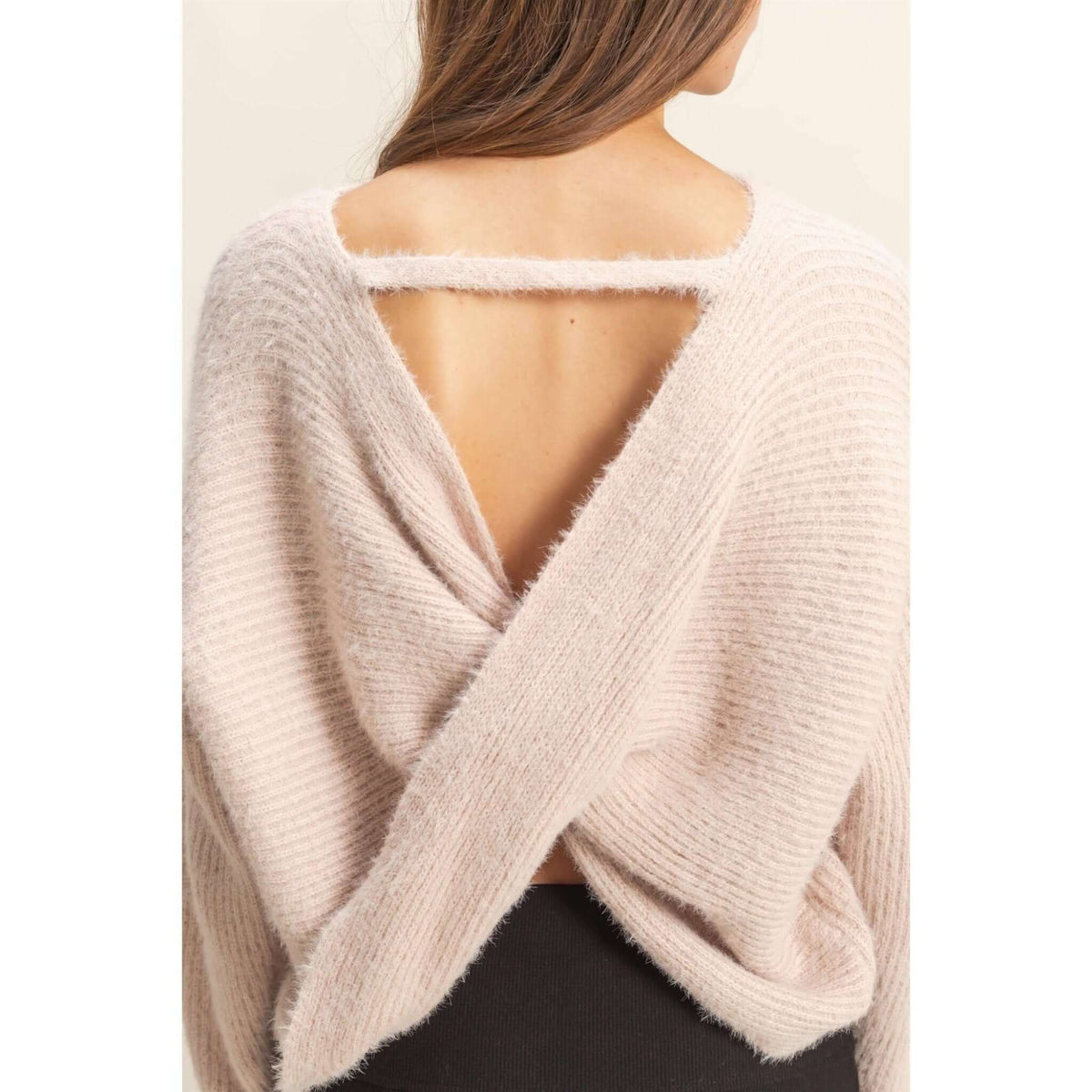 HYFVE oversized fuzzy sweater with back twist detail, soft knit, relaxed fit, perfect for cozy casual wear.