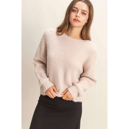 HYFVE oversized fuzzy sweater with back twist detail, cozy knit sweater for casual wear, in soft, textured fabric.