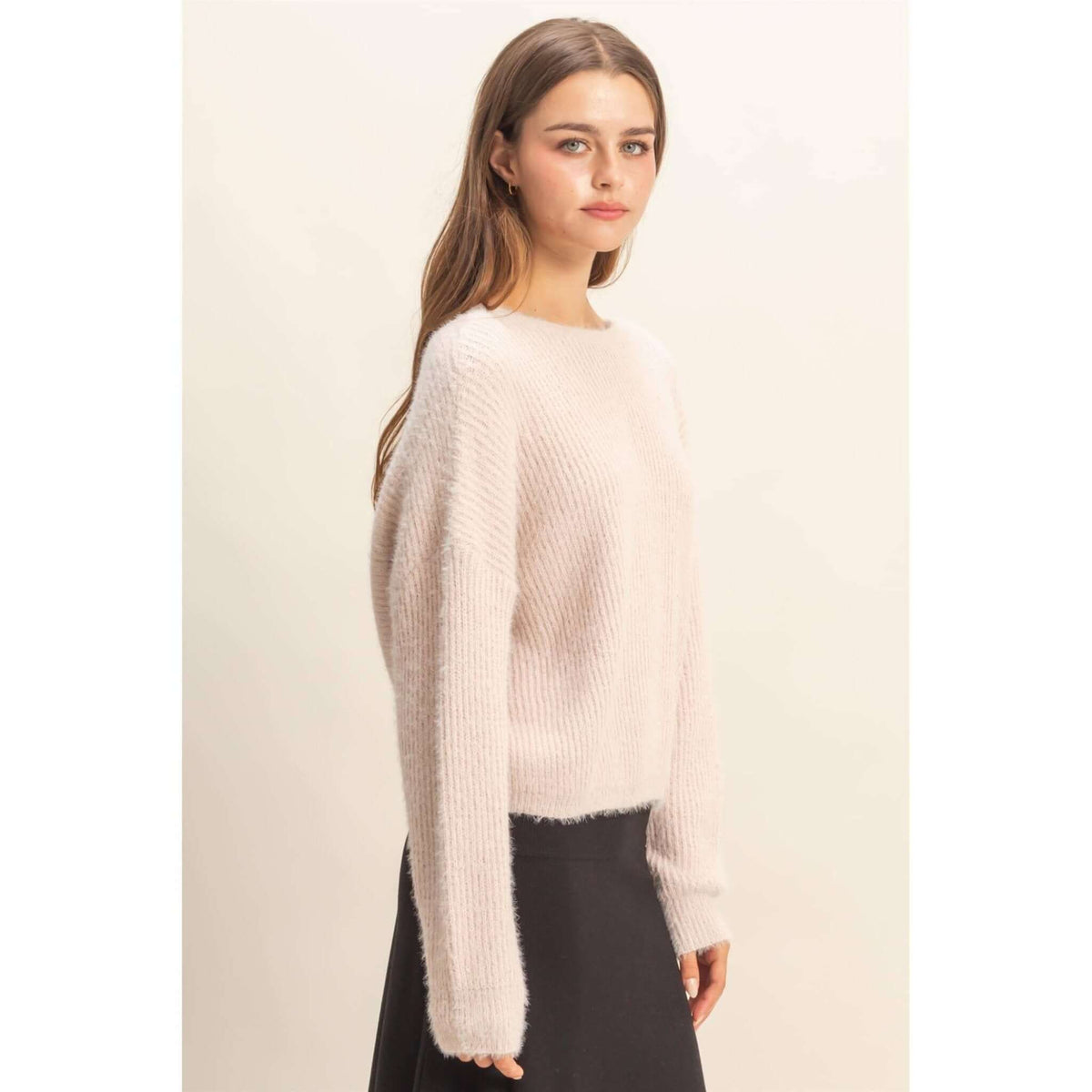 HYFVE oversized fuzzy sweater with back twist detail, cozy and stylish knitwear for casual wear