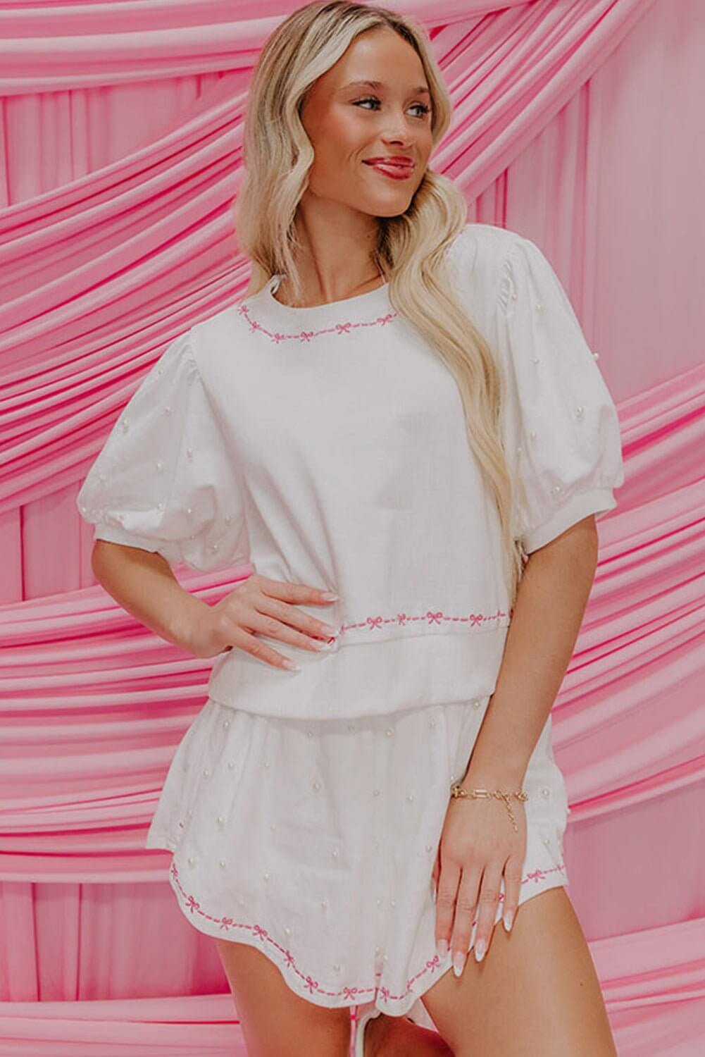 White embroidered pearl puff sleeve lounge set by Cowgirl Charm, two-piece outfit with stylish, comfortable design.
