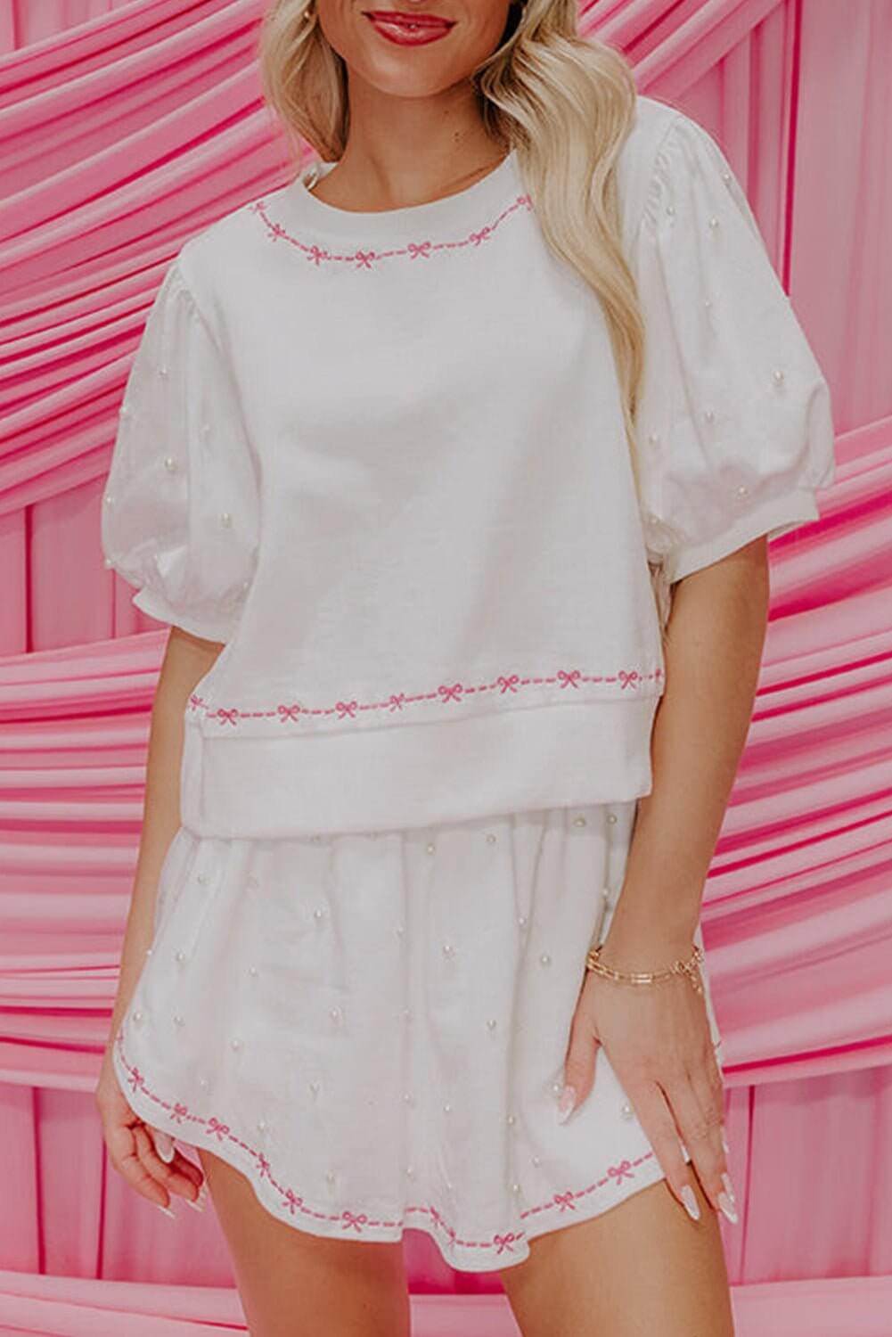 White embroidered pearl puff sleeve lounge set by Cowgirl Charm, featuring a two-piece comfortable and stylish outfit.