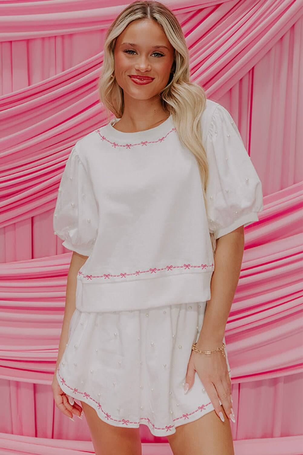 White pearl puff sleeve lounge set by Cowgirl Charm, two-piece embroidered outfit with comfortable, stylish design.